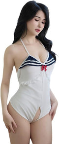 Sailor Style One-Piece Swimsuit, Halter Neck, White with Navy Stripes, Red Bow Detail